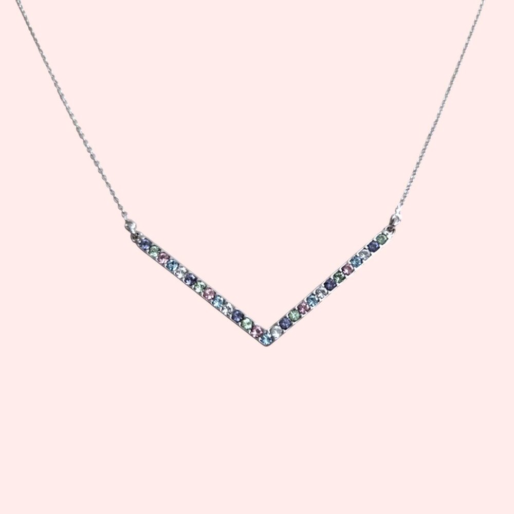 Multi-Color Rhinestone Silver Tone Chevron Necklace